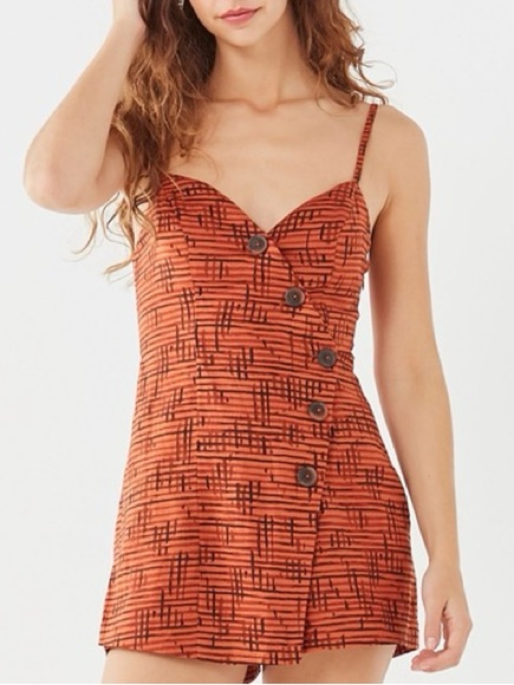 UO Dasha Button Down V-Neck Romper